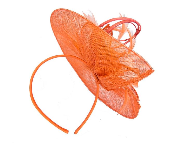 Fascinators Online - Large orange sinamay racing fascinator with feathers by Max Alexander