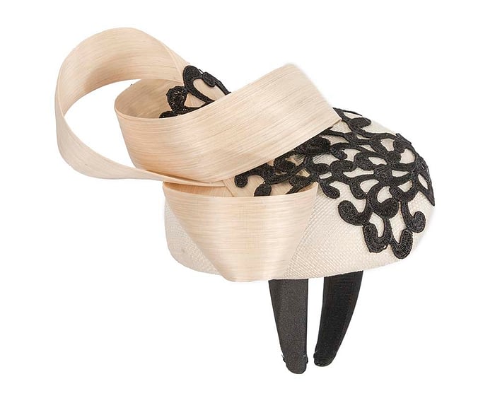Fascinators Online - Cream pillbox fascinator with black lace by Fillies Collection