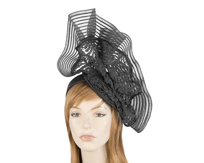 Fascinators Online - Large black racing fascinator with lace by Fillies Collection