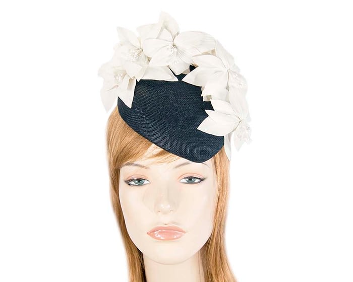 Fascinators Online - Navy & cream leather flower pillbox fascinator by Fillies Collection