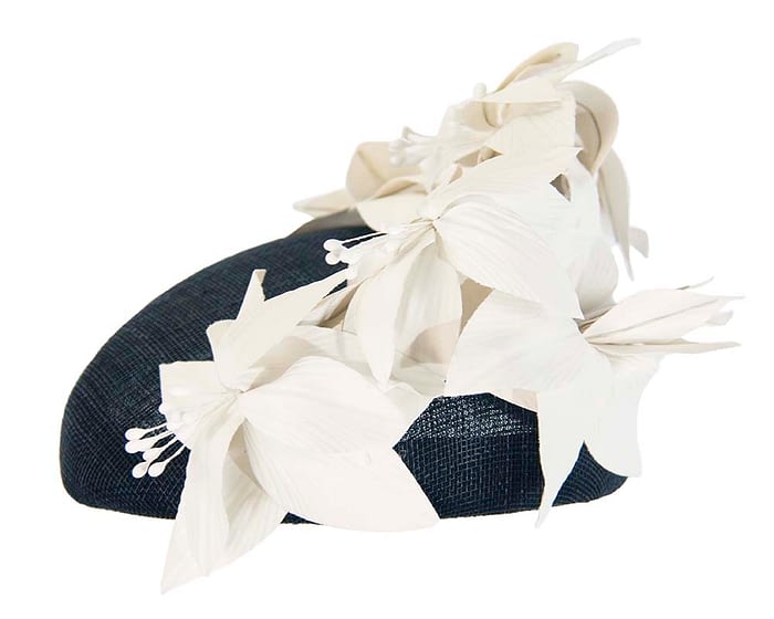 Fascinators Online - Navy & cream leather flower pillbox fascinator by Fillies Collection