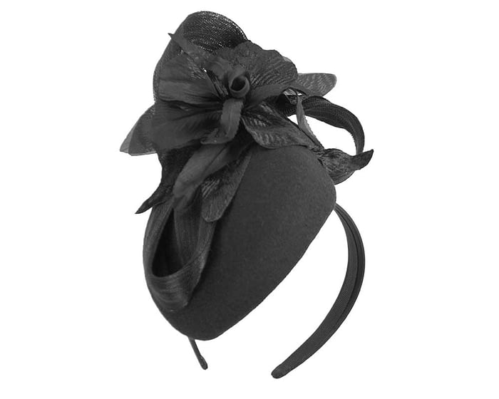 Bespoke black pillbox winter fascinator with flower by Fillies Collection Fascinators.com.au