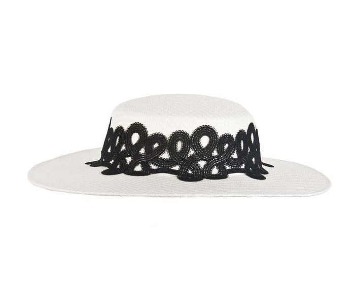 White boater black lace hat Fascinators.com.au