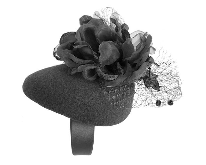 Black winter pillbox fascinator with flower by Fillies Collection Fascinators.com.au