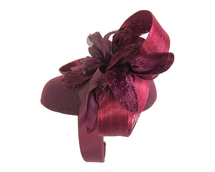 Bespoke burgundy pillbox winter fascinator with flower by Fillies Collection Fascinators.com.au