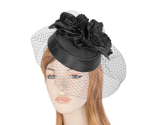 Black pillbox hat with flowers and veil by Cupids Millinery Fascinators.com.au