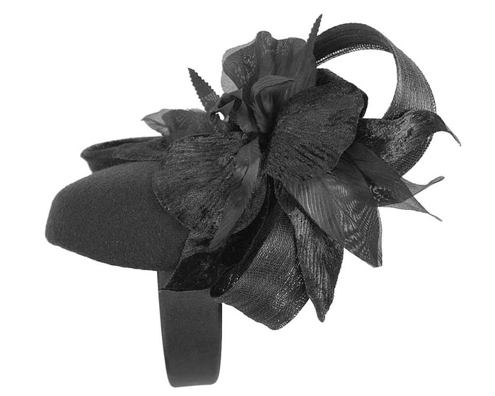 Bespoke black pillbox winter fascinator with flower by Fillies Collection Fascinators.com.au