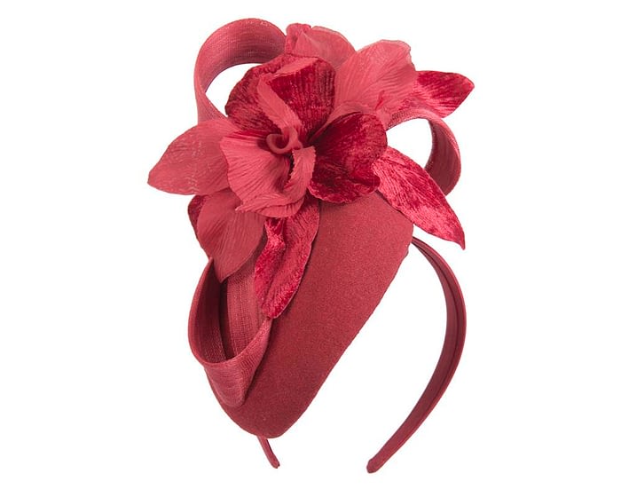 Bespoke red pillbox winter fascinator with flower by Fillies Collection Fascinators.com.au