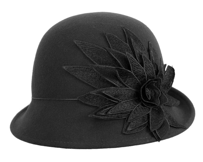 Black winter felt cloche hat with lace flower by Max Alexander Fascinators.com.au