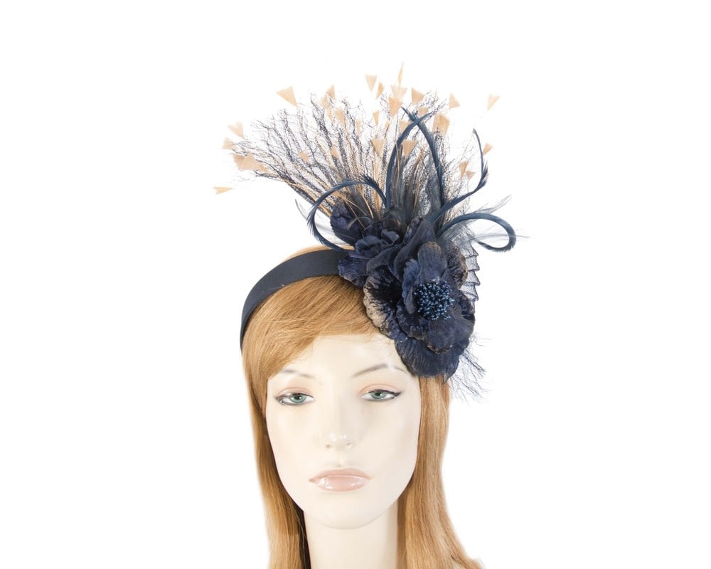 Navy & Gold Feather Flower Racing Fascinator - Fascinators.com.au