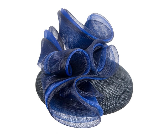 Navy pillbox racing fascinator with blue wavy trim by Fillies Collection Fascinators.com.au