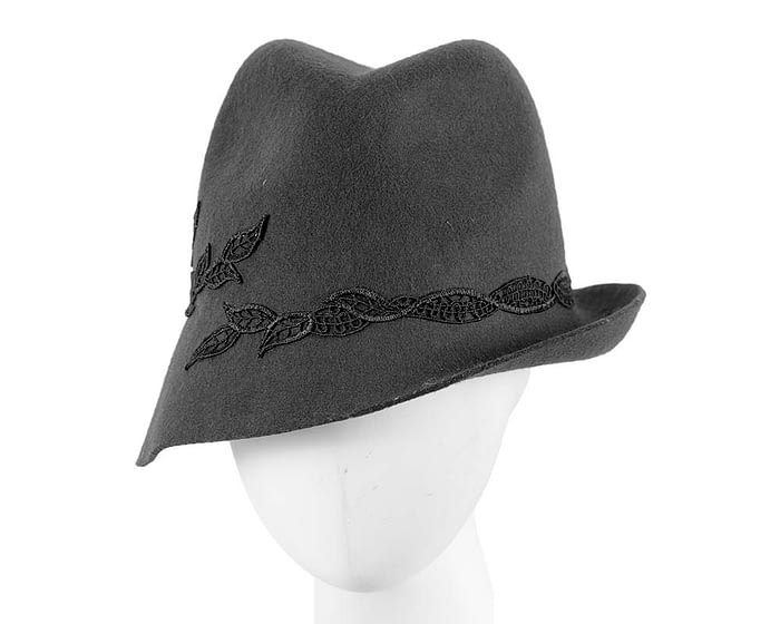 Black felt trilby hat with lace by Max Alexander Fascinators.com.au
