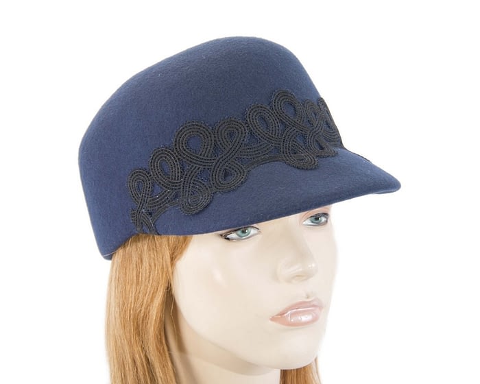 Navy felt fashion cap with lace Fascinators.com.au