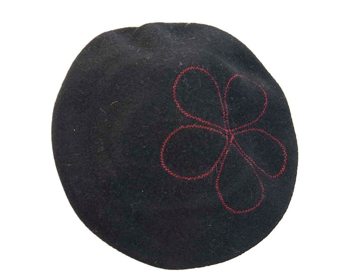 Warm black and red woolen embroidered European Made beret Fascinators.com.au