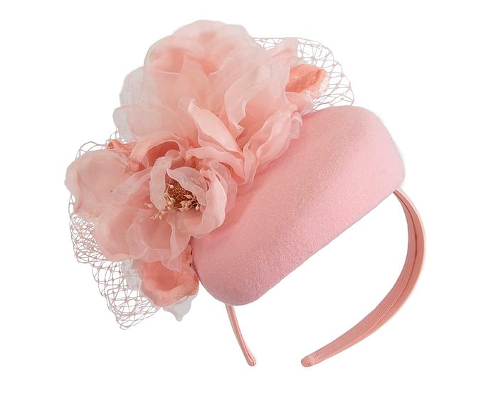 Pink winter pillbox fascinator with flower by Fillies Collection Fascinators.com.au