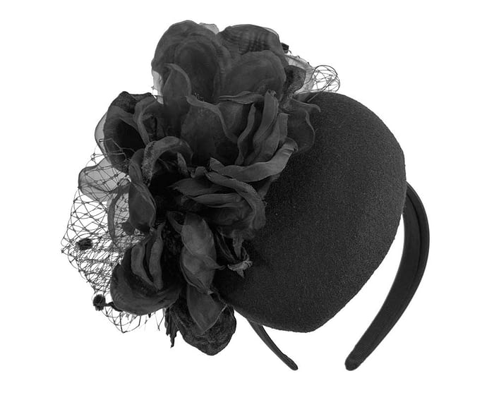 Black winter pillbox fascinator with flower by Fillies Collection Fascinators.com.au