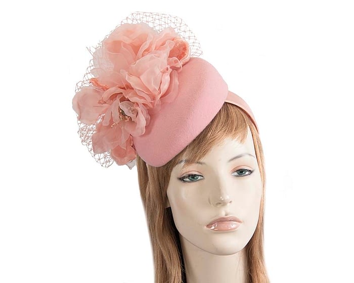 Pink winter pillbox fascinator with flower by Fillies Collection Fascinators.com.au