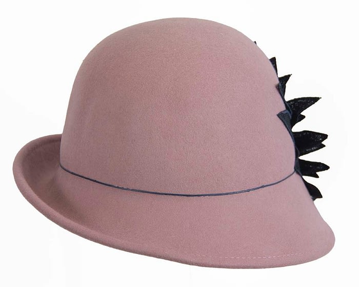Dusty pink winter felt cloche hat with lace flower by Max Alexander Fascinators.com.au