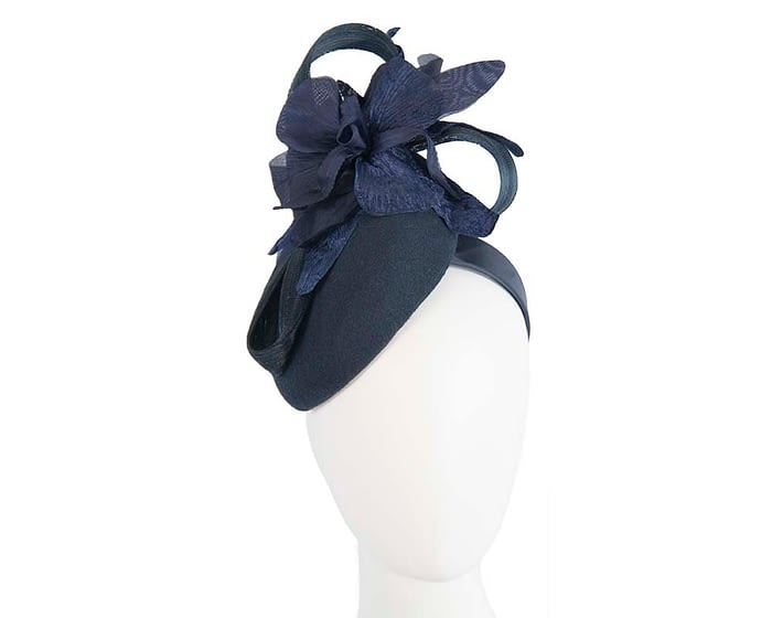 Bespoke navy pillbox winter fascinator with flower by Fillies Collection Fascinators.com.au