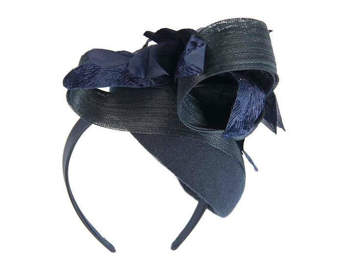 Bespoke navy pillbox winter fascinator with flower by Fillies Collection Fascinators.com.au
