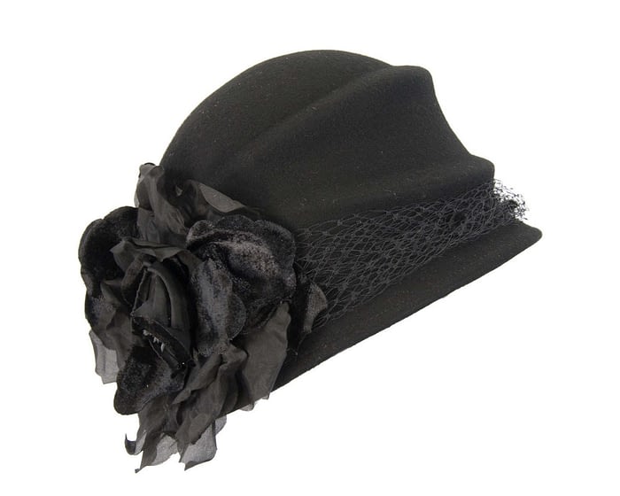 Black felt bucket hat with flower Fascinators.com.au