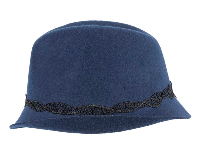 Navy felt trilby hat with lace by Max Alexander Fascinators.com.au