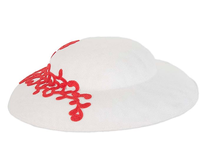 Unusual white & red boater hat with lace by Max Alexander Fascinators.com.au