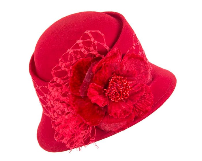 Red ladies felt winter hat with flower F569R Fascinators.com.au