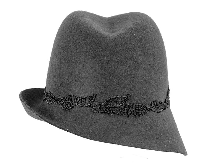 Black felt trilby hat with lace by Max Alexander Fascinators.com.au