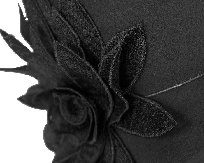 Black winter felt cloche hat with lace flower by Max Alexander Fascinators.com.au