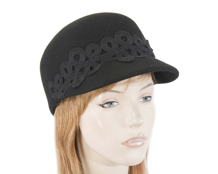 Black felt fashion cap with lace Fascinators.com.au