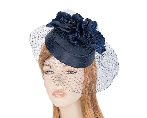 Navy pillbox hat with flowers and veil by Cupids Millinery Fascinators.com.au
