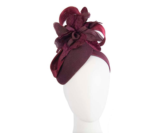 Bespoke burgundy pillbox winter fascinator with flower by Fillies Collection Fascinators.com.au