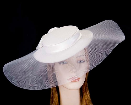 Wide brim white boater hat by Fillies Collection Fascinators.com.au
