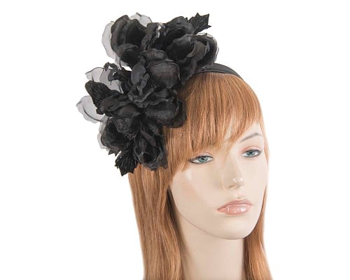 Large black flower headband fascinator by Fillies Collection Fascinators.com.au