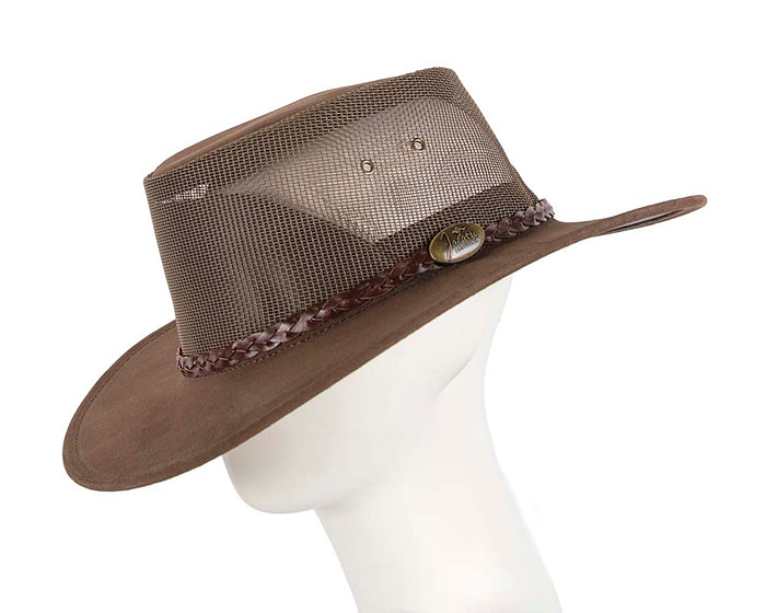 Dark Brown Suede Leather Australian Cooler hat by Jacaru