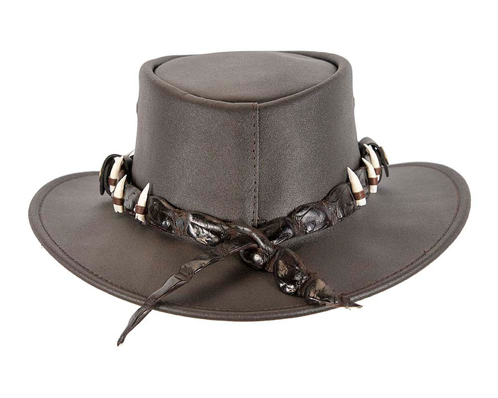 Brown Crocodile Dundee Jacaru Australian outback leather hat with 15 teeth - Image 6