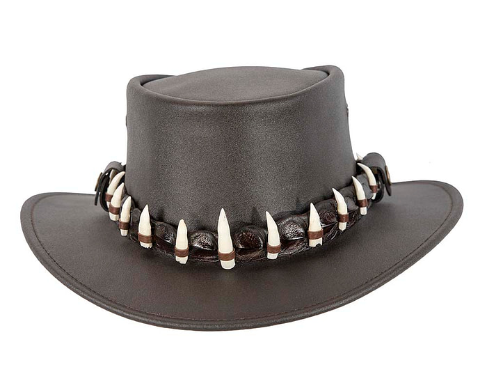 Brown Crocodile Dundee Jacaru Australian outback leather hat with 15 teeth - Image 4