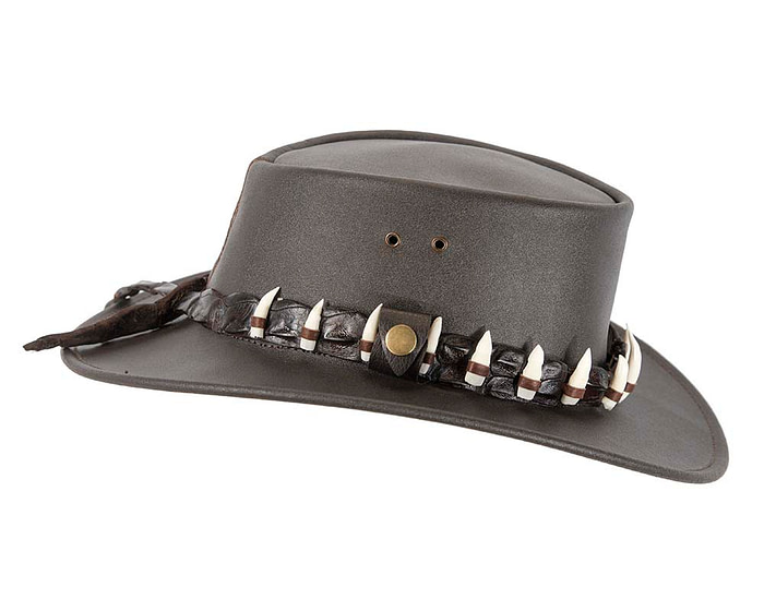 Brown Crocodile Dundee Jacaru Australian outback leather hat with 15 teeth - Image 3