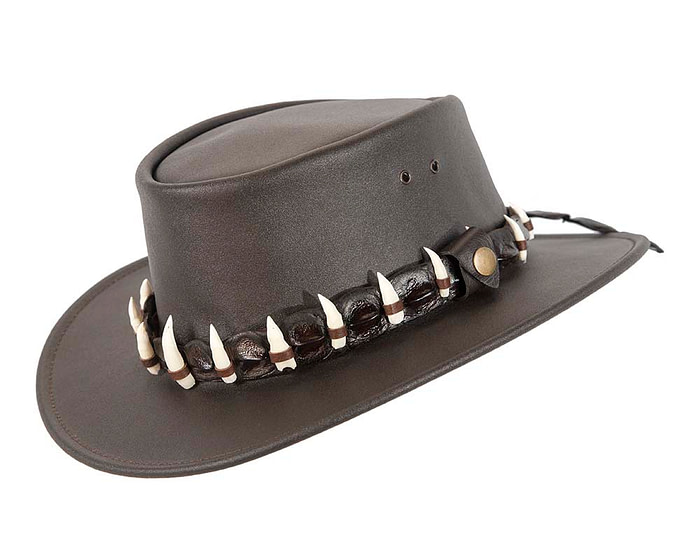 Brown Crocodile Dundee Jacaru Australian outback leather hat with 15 teeth - Image 2