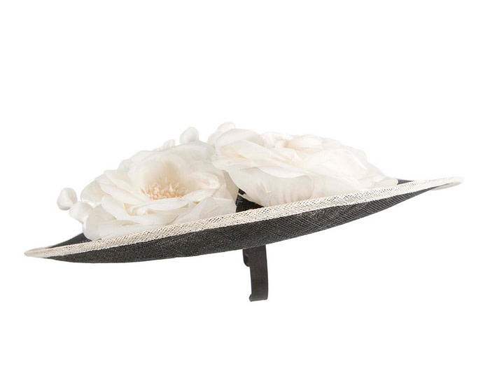 Large black and cream sinamay fascinator hat with flowers by Max Alexander - Image 4