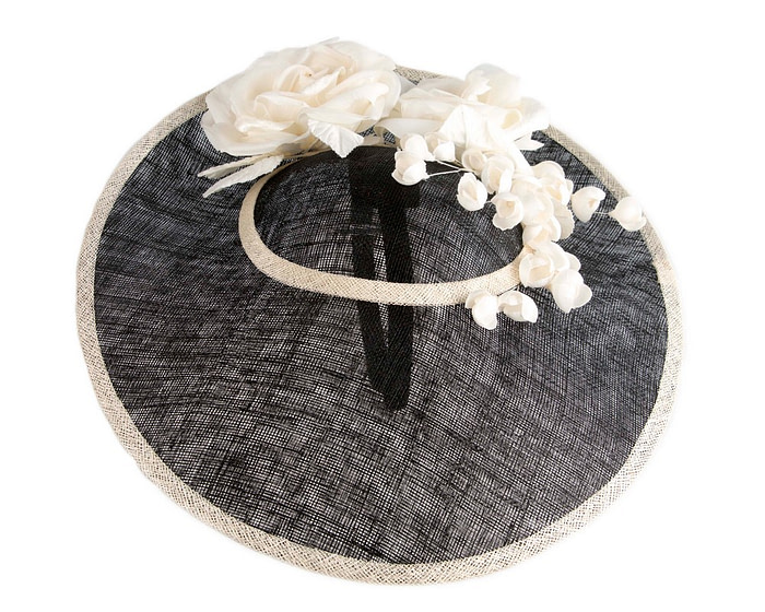 Large black and cream sinamay fascinator hat with flowers by Max Alexander - Image 3