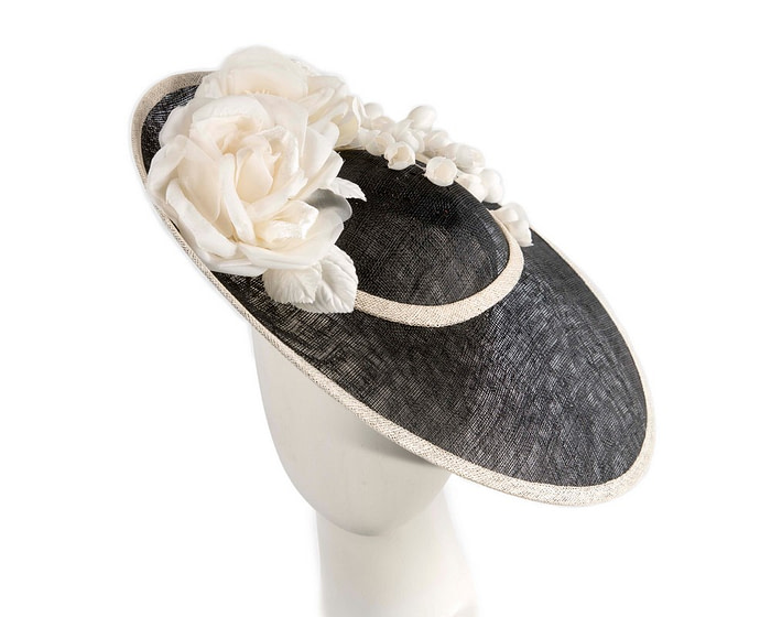 Large black and cream sinamay fascinator hat with flowers by Max Alexander