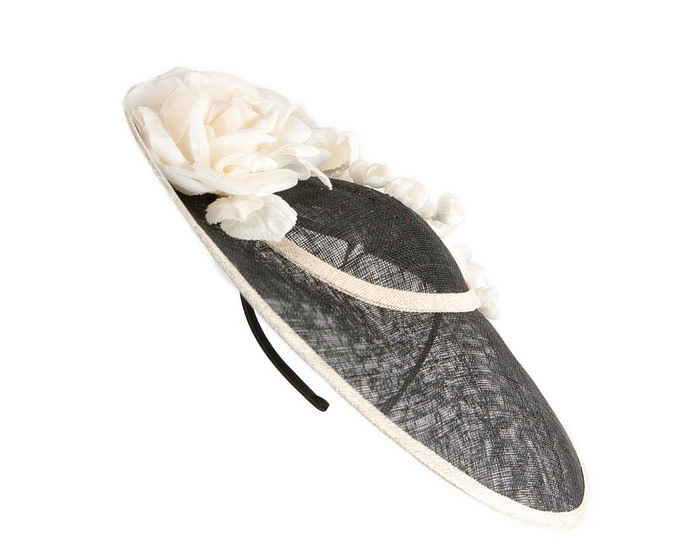 Large black and cream sinamay fascinator hat with flowers by Max Alexander - Image 2