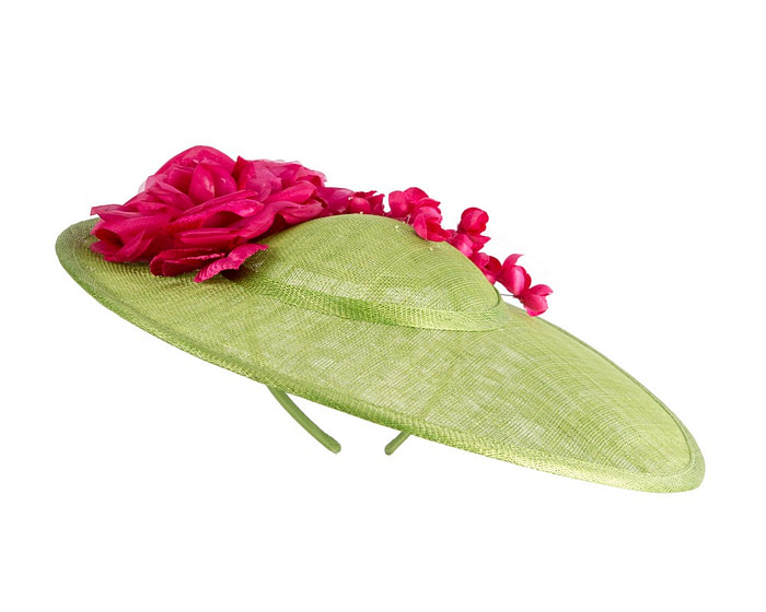 Large lime and fuchsia sinamay fascinator hat with flowers by Max Alexander - Image 2