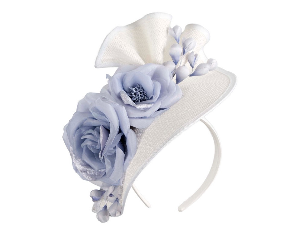 Tall white & blue fascinator with flower by Fillies Collection - Fascinators.com.au Tall white & blue fascinator with flower by Fillies Collection - Image 2
