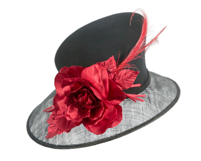Exclusive black ladies winter fashion hat with red flower by Cupids Millinery - Image 2