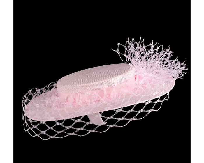Pink boater hat with face veil by Fillies Collection - Image 4