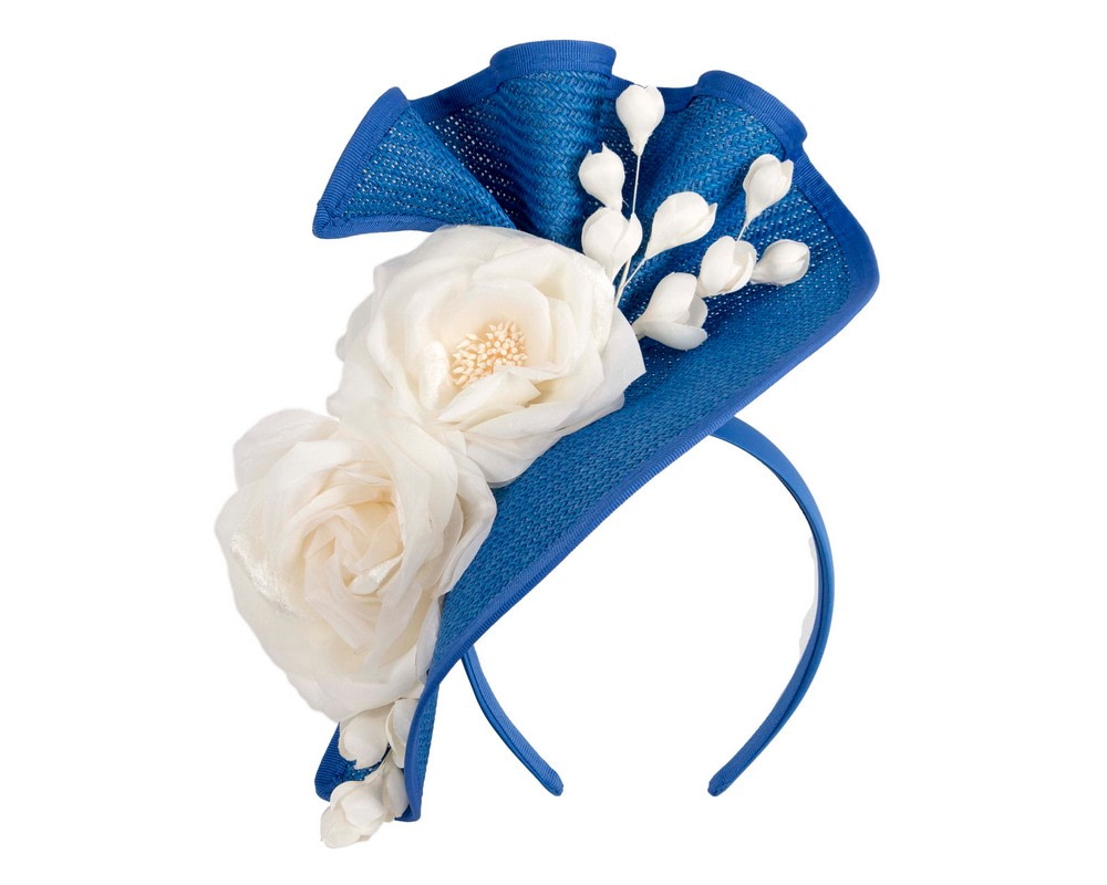 Tall blue & cream fascinator with flower by Fillies Collection - Fascinators.com.au Tall blue & cream fascinator with flower by Fillies Collection - Image 2