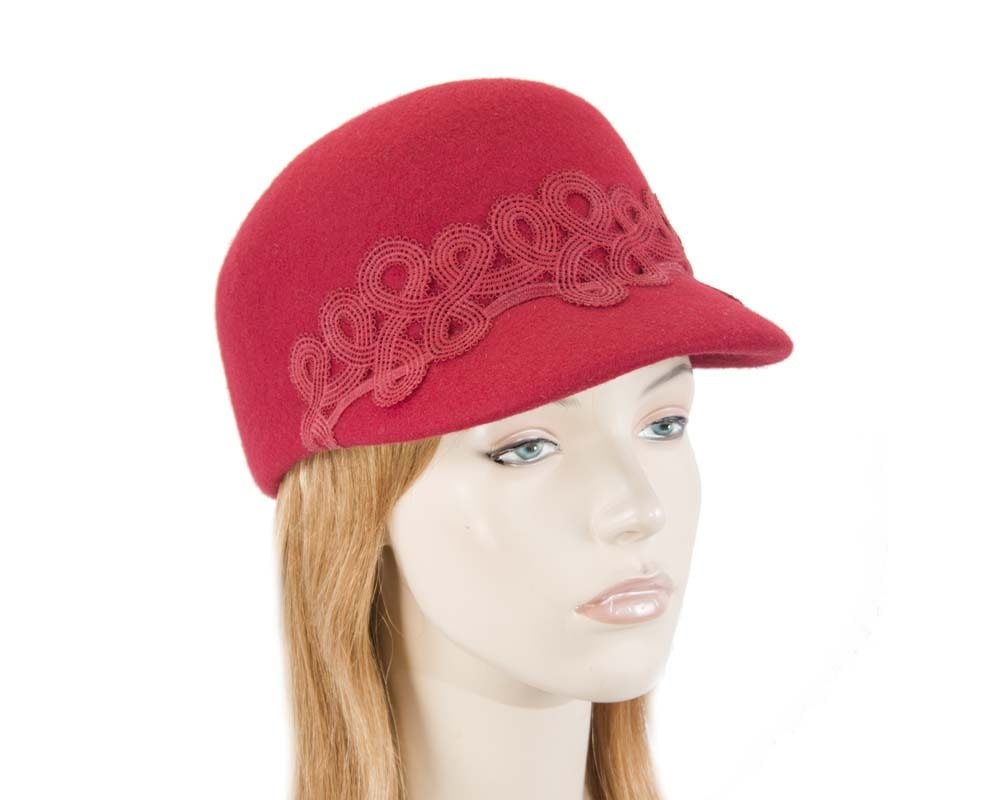 Fascinators Online - Red felt ladies cap with lace